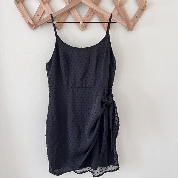 Lulus Black Swiss Dot Mini Wrap Dress - Medium - Picture 3 of 12